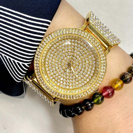 Orologio-Polso-Donna-Acciaio-Moda-Fashion-Brillantini-Elegante-Analogico-Dorato