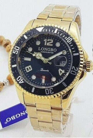 Orologio-Polso-Longbo-80430g-Uomo-Quarzo-Data-Impermeabile-Elegante-Dorato-Nero