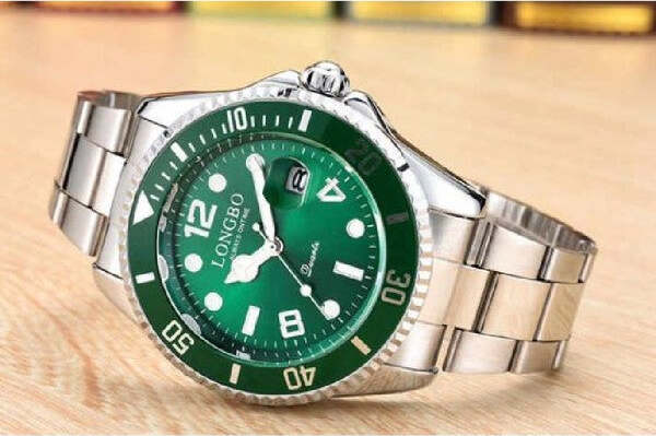 Orologio-Polso-Longbo-80430g-Uomo-Quarzo-Data-Impermeabile-Elegante-Silver-Verde