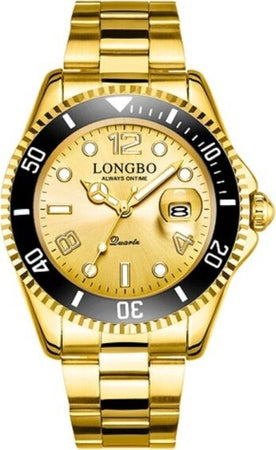 Orologio-Polso-Longbo-80430g-Uomo-Quarzo-Impermeabile-Data-Elegante-Dorato-Nero