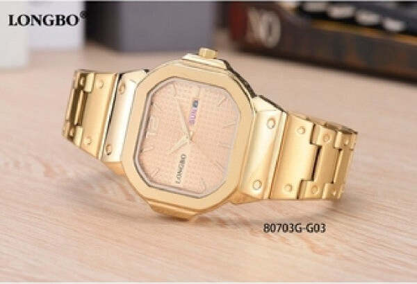 Orologio-Polso-Longbo-80703g-Uomo-Quarzo-Data-Analogico-Acciaio-Elegante-Dorato