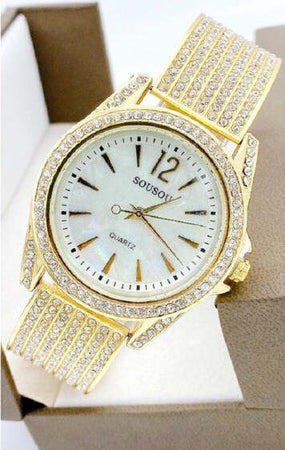 Orologio-Polso-Sousou-6733-Donna-Quarzo-Acciaio-Brillantini-Dorato-Fondo-Bianco