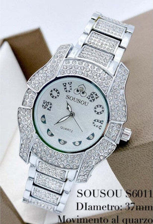 Orologio-Polso-Sousou-S6011-Quarzo-Acciaio-Moda-Brillantini-Silver-Fondo-Silver