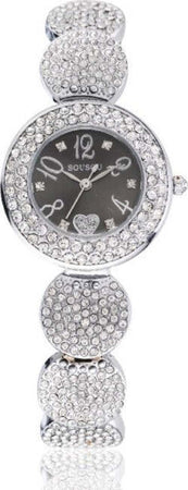 Orologio-Polso-Sousou-S6097-Donna-Cuore-Brillantini-Movimento-Quarzo-Silver-Nero
