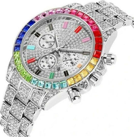 Orologio-Polso-Unisex-Quarzo-Acciaio-Data-Diamond-Strass-Silver-Ghiera-Colorata