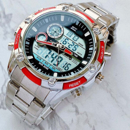 Orologio-Polso-Uomo-Zcc-Analogico-Digitale-Cronografo-Multifunzione-Silver-Rosso