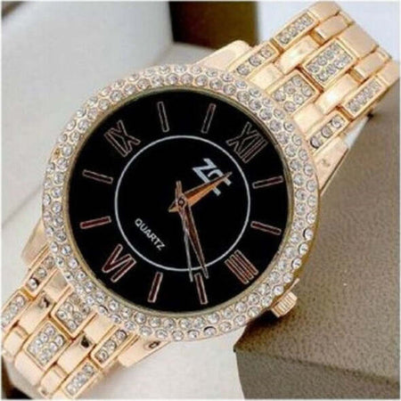 Orologio-Polso-Zcc-13-Donna-Quarzo-Acciaio-Moda-Brillantini-Oro-Rosa-Fondo-Nero
