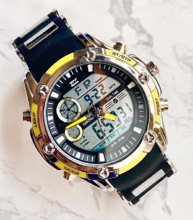 Orologio-Polso-Zcc-1313-Uomo-Quarzo-Dual-Time-Multifunzione-Giallo-Nero-Silver