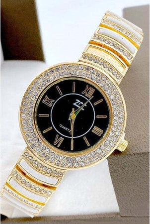 Orologio-Polso-Zcc-Donna-Quarzo-Acciaio-Analogico-Brillantini-Dorato-Nero-Bianco
