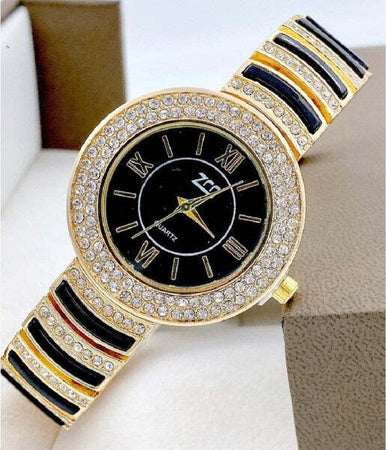 Orologio-Polso-Zcc-Donna-Quarzo-Acciaio-Analogico-Moda-Brillantini-Dorato-Nero