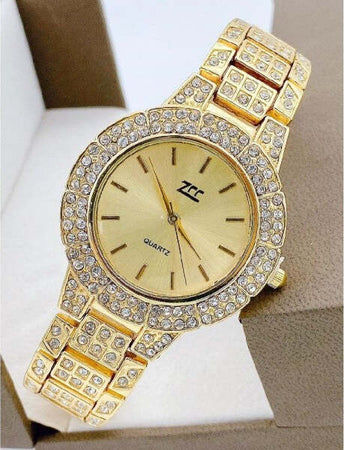 Orologio-Polso-Zcc-Donna-Quarzo-Acciaio-Moda-Brillantinato-Dorato-Fondo-Oro