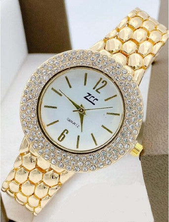 Orologio-Polso-Zcc-Donna-Quarzo-Acciaio-Moda-Brillantini-Analogico-Dorato-Bianco