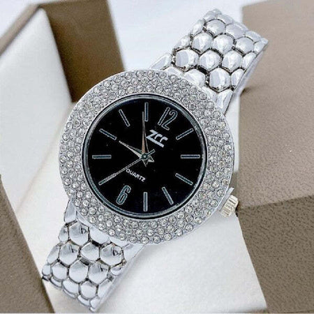 Orologio-Polso-Zcc-Donna-Quarzo-Acciaio-Moda-Brillantini-Analogico-Silver-Nero