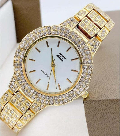 Orologio-Polso-Zcc-Donna-Quarzo-Acciaio-Moda-Brillantini-Dorato-Quadrante-Bianco