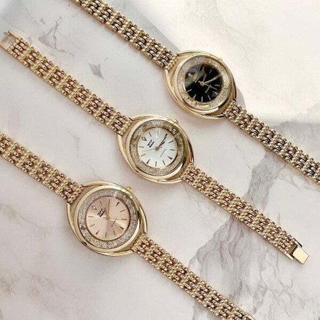 Orologio-Polso-Zcc-Quarzo-Donna-Analogico-Acciaio-Bracciale-Dorato-Brillantini