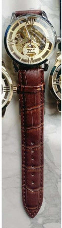 Orologio-Polso-Zcc-Romani-Uomo-Silver-Automatico-Cinturino-Pelle-Marrone-Dorato