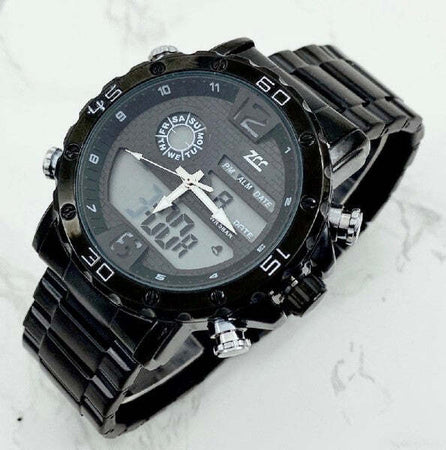 Orologio-Polso-Zcc-Uomo-Acciaio-Dual-Time-Calendario-Allarme-Impermeabile-Nero