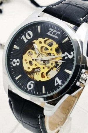 Orologio-Polso-Zcc-Uomo-Analogico-Automatico-Cinturino-Pelle-Casual-Nero-Silver