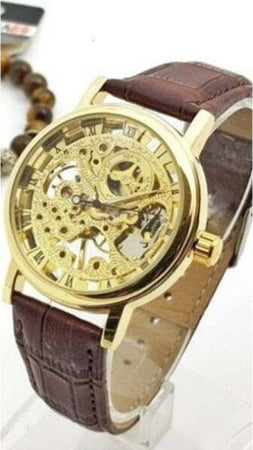Orologio-Polso-Zcc-Uomo-Automatico-Cinturino-Pelle-Casual-Marrone-Fondo-Dorato
