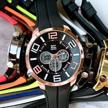 Orologio-Polso-Zcc-Uomo-Dual-Time-Analogico-Digitale-Sveglia-Sport-Rose-Gold-Nero
