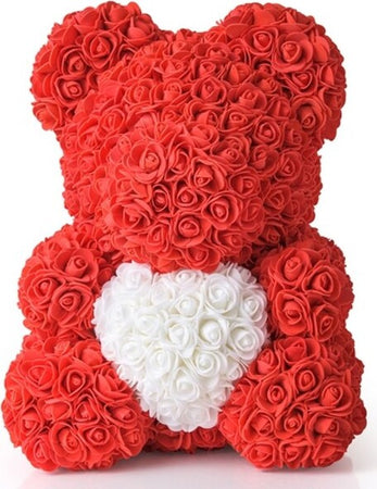 Orsacchiotto-Orsetto-Orso-Di-Rose-Con-Fiori-Da-25-Cm-Rosso-Con-Cuore-Bianco