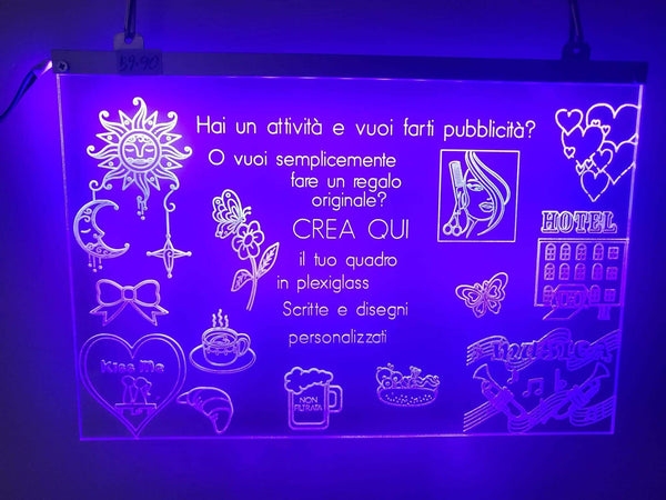 OUADRO IN PLEXIGLASS DA PERSONALIZZARE REGALO FESTA LOGO PUBBLICITA' AZIENDA LUCE LED RGB