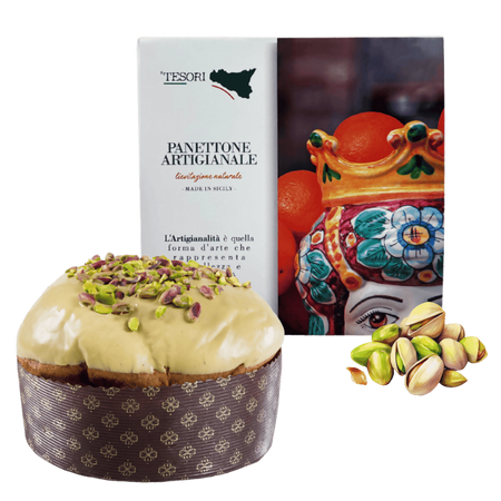 Tesori di sicilia panettone artigianale al pistacchio 1kg, scatola siciliana "a donna elisabetta" panettone a lievitazione naturale, idea regalo natale