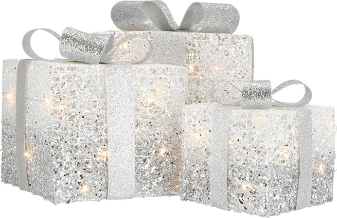 Pacchi regalo con led e nastri glitterati color Argento per decorazioni natalizie set da 3 Casa e cucina/Decorazioni per interni/Addobbi e decorazioni per ricorrenze/Decorazioni natalizie/Luci natalizie/Catene luminose per esterni MagiediNatale.it - Altamura, Commerciovirtuoso.it