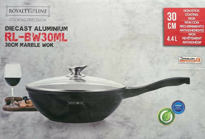 Padella-Wok-Antiaderente-In-Alluminio-Pressofuso-Con-Coperchio-In-Vetro-Temperato-Doppio-Manico-Termoresistente-Misure,-30-Cm-,-32-Cm-Royalty-Line