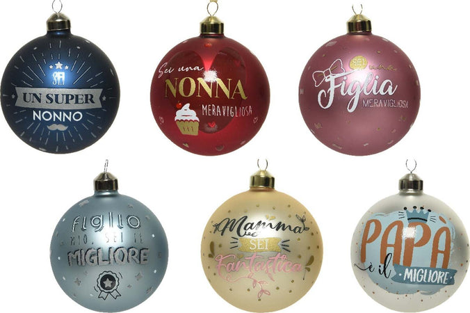 Palline per albero di Natale in vetro decorate con Scritte Famiglia da 10 cm, confezione 6 pezzi Casa e cucina/Decorazioni per interni/Addobbi e decorazioni per ricorrenze/Decorazioni natalizie/Addobbi e decorazioni/Palle e palline MagiediNatale.it - Altamura, Commerciovirtuoso.it