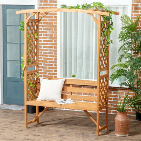 Panchina-da-Giardino-in-Legno-di-Abete-con-Arco-Decorativo-per-Piante-e-Vasi,-160x50x198-cm,-Marrone-84G-002V00BN