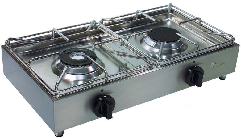 Parker Cucina Fornello professionale industriale 2 fuochi acciaio inox 18/10 gas universale valvola di sicurezza Made in Italy