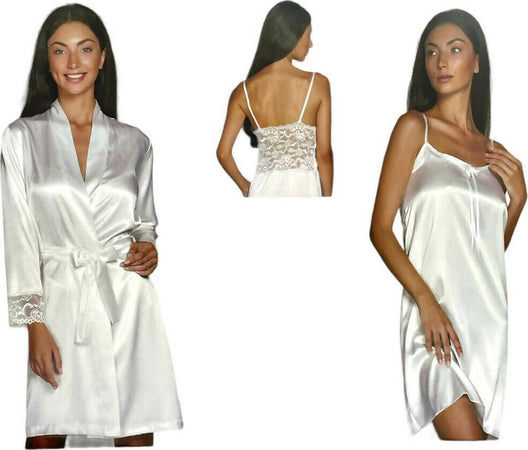 Parure Due Capi Donna Sposa Kimono + Camicia Da Notte In Pizzo Puro Raso Made In Italy La Birba 3168 Moda/Uomo/Abbigliamento/Pigiami e abbigliamento da notte/Pigiami due pezzi Puleo Casa - Palermo, Commerciovirtuoso.it