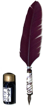 Penna Stilografica con Piuma Borderaux e calamaio con inserti in vetro di Murano Bronzo e Argentone Prodotto in Italia penna Elegante