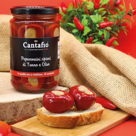 Peperoncini ripieni di Tonno e Olive alla Calabrese CANTAFIO GOURMET® Artigianali pepi tondi ripieni con Olive e tonno sott'olio 290gr