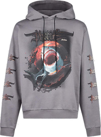 PHOBIA-Felpa-Leggera-Cappuccio-Uomo-Shark-Print-Hoodie-Grey-da-uomo