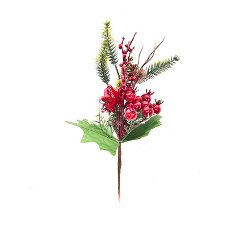 Rametto natalizio decorativo con bacche bordeaux e pigne da appendere h 26,5 cm