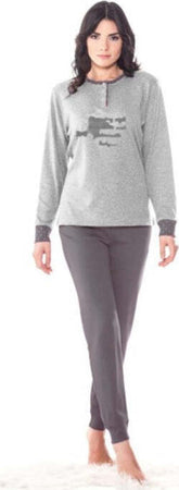 Pigiama--Da-Donna-In-Cotone-Con-Maglia-Manica-Lunga-E-Pantalone-Grigio-Lungo