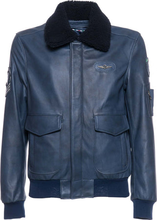 Pilota---Bomber-Uomo-Blu-in-vera-pelle-con-Stemmi-e-vero-collo-Shearling