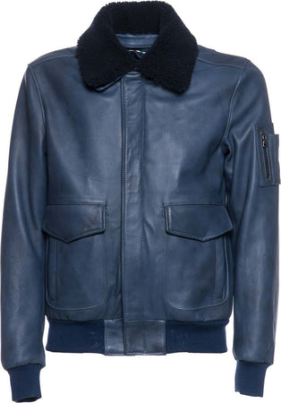 Pilota---Bomber-Uomo-Blu-in-vera-pelle-con-vero-collo-Shearling