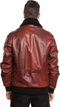 Pilota-Aviatore---Bomber-Uomo-Bordeaux-in-vera-pelle-con-Stemmi-e-collo-in-montone