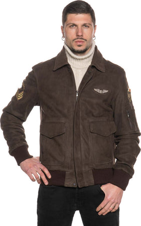 Pilota-Aviatore---Bomber-Uomo-Testa-di-Moro-in-vera-pelle-Nabuk-con-Stemmi