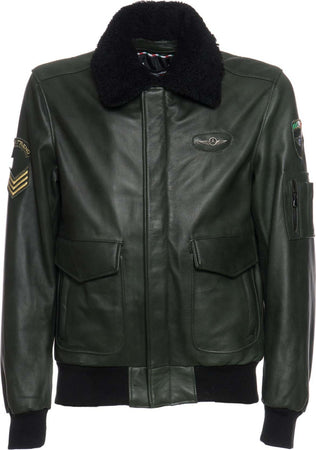 Pilota-Aviatore---Bomber-Uomo-Verde-in-vera-pelle-con-Stemmi-e-collo-in-montone