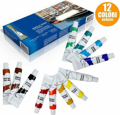 Pittura-Acrilica-Confezione-12-Pezzi-Acquerelli-Vari-Colori-Tubo-12-Ml