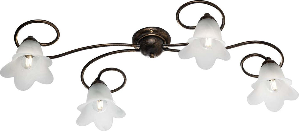 Plafoniera-4-Luci-Alice-Ferro-Battuto-Marrone-E-Oro-Vetro-Bianco