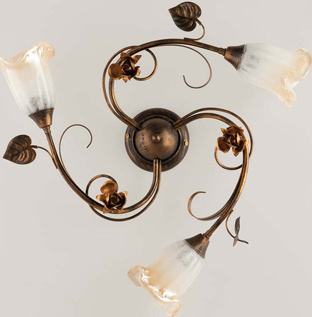 Plafoniera-Classica-Arte-Povera-3-Luci-Ferro-Battuto-Marrone-e-Oro-Serie-Cestino