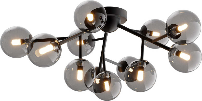 Plafoniera-Contemporanea-Dallas-Metallo-Nero-12-Luci-Diffusori-Vetro-Nero-Specchiato