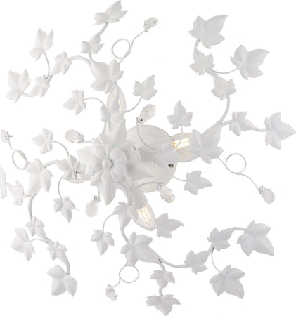 Plafoniera-Shabby-Edera-4-Luci-Ferro-Battuto-Bianco-Con-Foglie-E-Cristalli