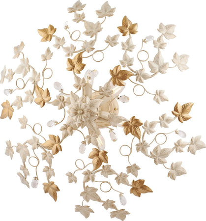 Plafoniera-Shabby-Edera-6-Luci-Ferro-Battuto-Avorio-Oro-Con-Foglie-E-Cristalli