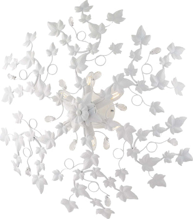 Plafoniera-Shabby-Edera-6-Luci-Ferro-Battuto-Bianco-Con-Foglie-E-Cristalli
